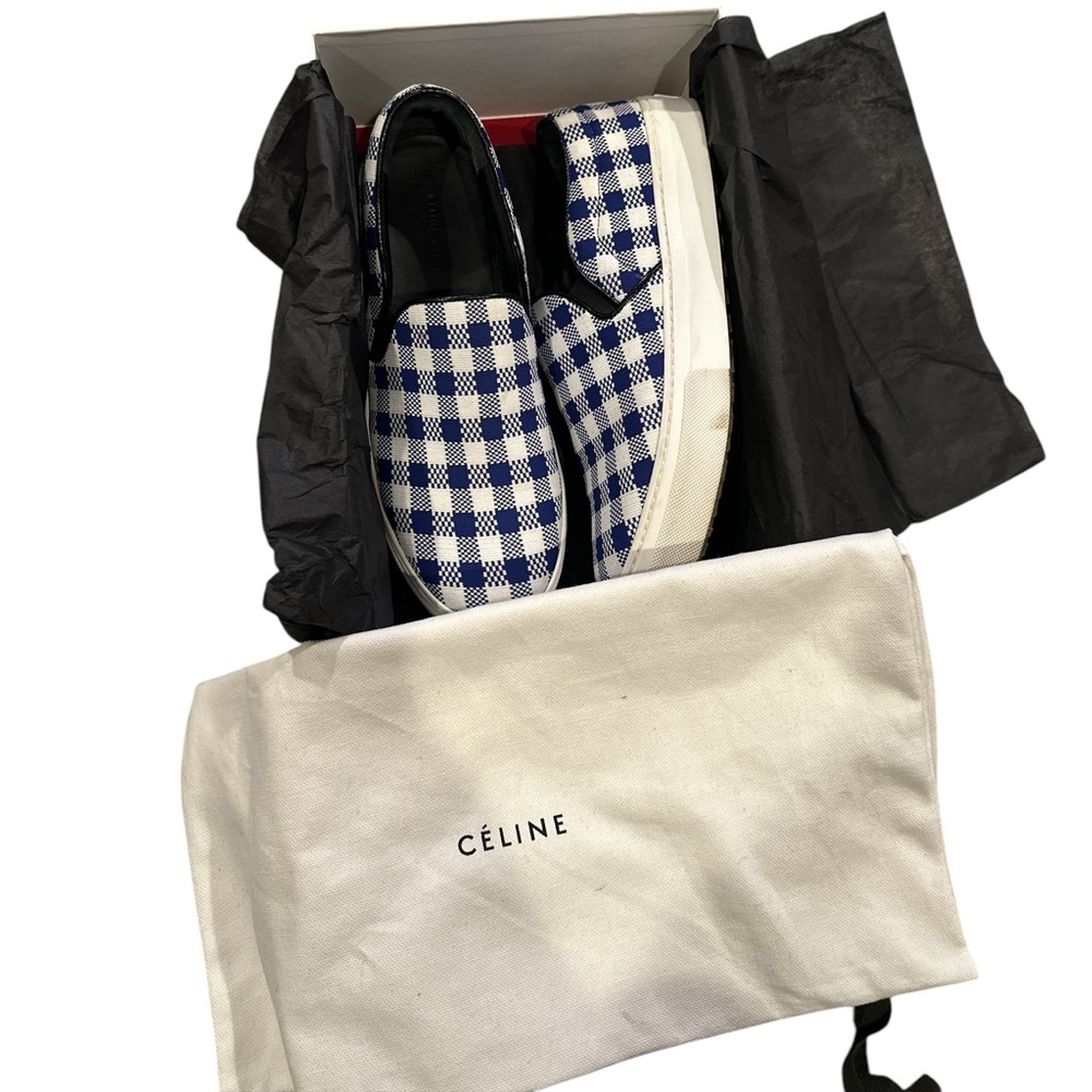 CELINE SLIPON COBALT SUMMER CASUAL GINGHAM CHECK LUXURY DESIGNER SNEAKERS - Picture 2 of 9